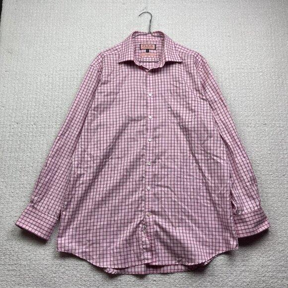 Thomas Pink Dress Shirt Mens 17-35 Pink Plaid Checks Classic Fit Traveller - Picture 1 of 12
